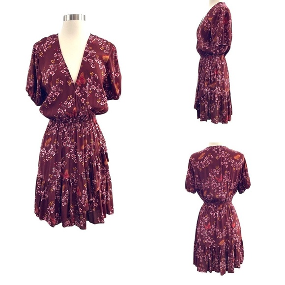 Madewell Burgundy Pleated Wrap Floral Mini Dress Ruffle Hem Size 8 - Picture 3 of 16